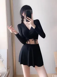 Traje de baño conservador de dos piezas, Top corto cruzado de manga larga con falda, bikinis acolchados, moda coreana sexy