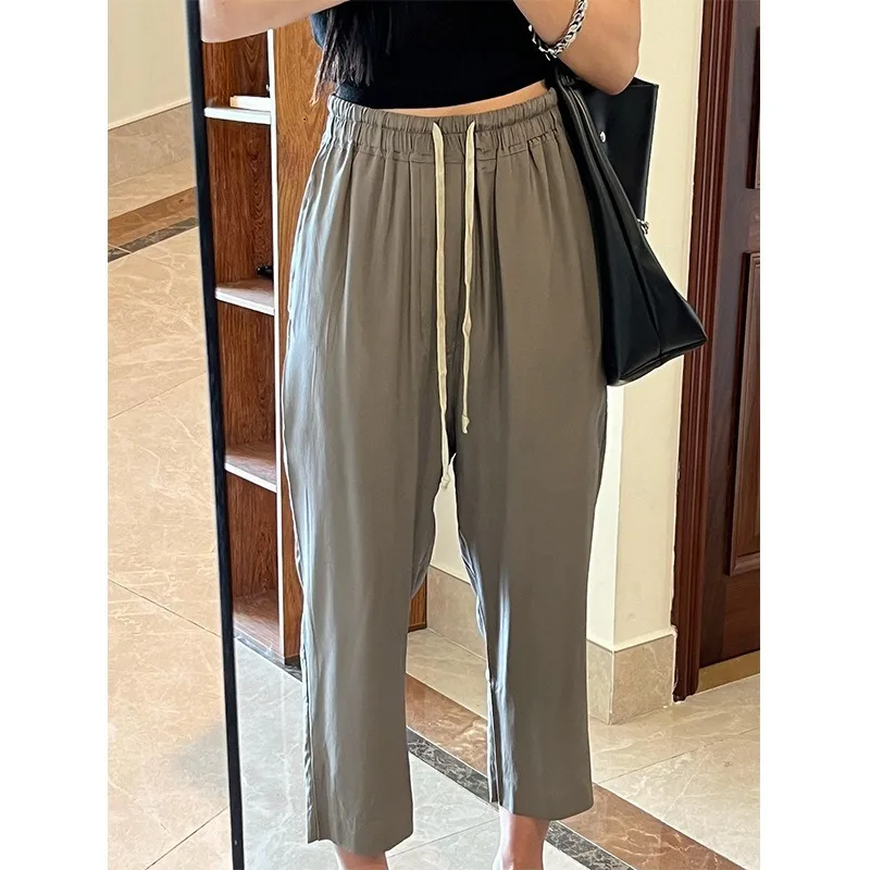 Summer Supple Drape Silk Crepe Chine Wide Leg Loose Carrot Pants Elastic Waist Back Pocket Casual Pants