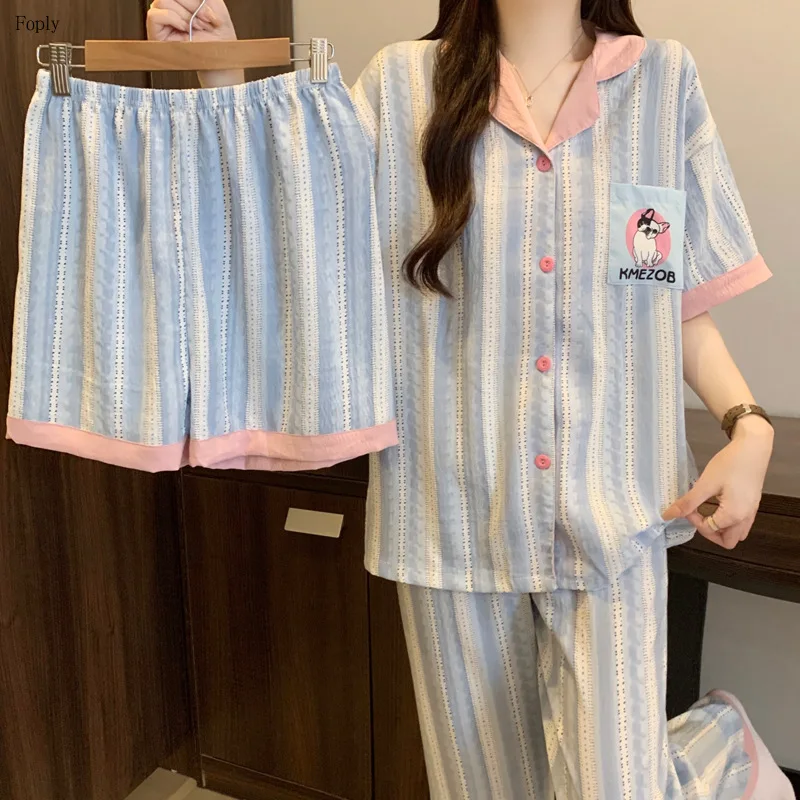 

Three-piece Set Women's Pajamas Set Fashionable Cloud Cotton Sleepwear Summer Short-sleeved Contrasting Striped Puppy Homewear
