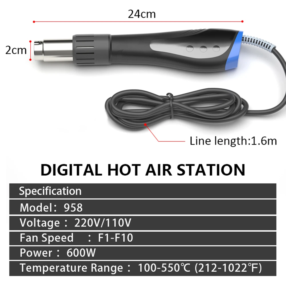 Handheld Hot Air Machine 600W High Power Hot Air Machine Welding Tool Set LCD Digital Display With 7 Nozzles For Soldering