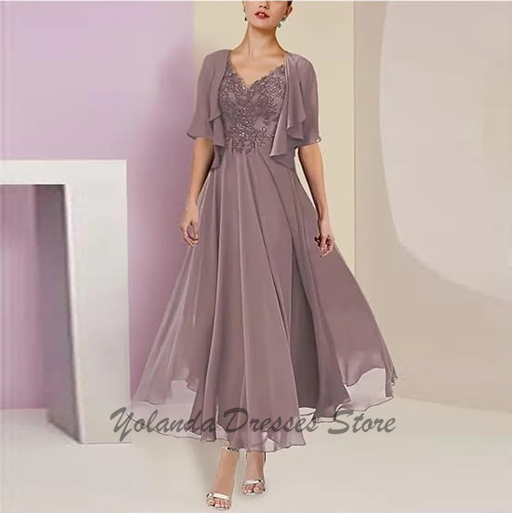 Modern 2 Piece Mother of The Bride Dresses Jacket Half Sleeves Appliques Lace Formal Evening Gown with Pockets Ankle Length