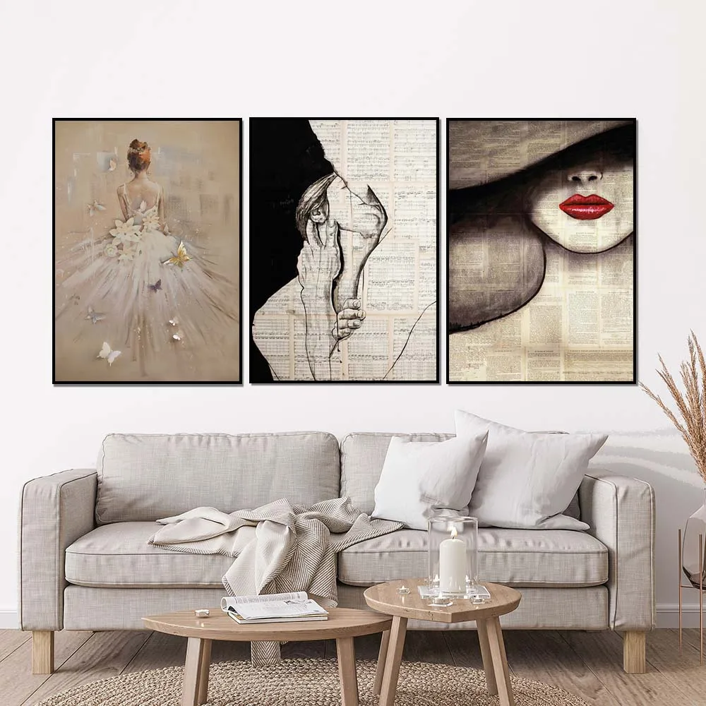 

Vintage Old Newspaper Wall Art Poster Womans Abstract Kissing Mural Modern Home Decor Nightclub Bar Decoration Canvas Painting