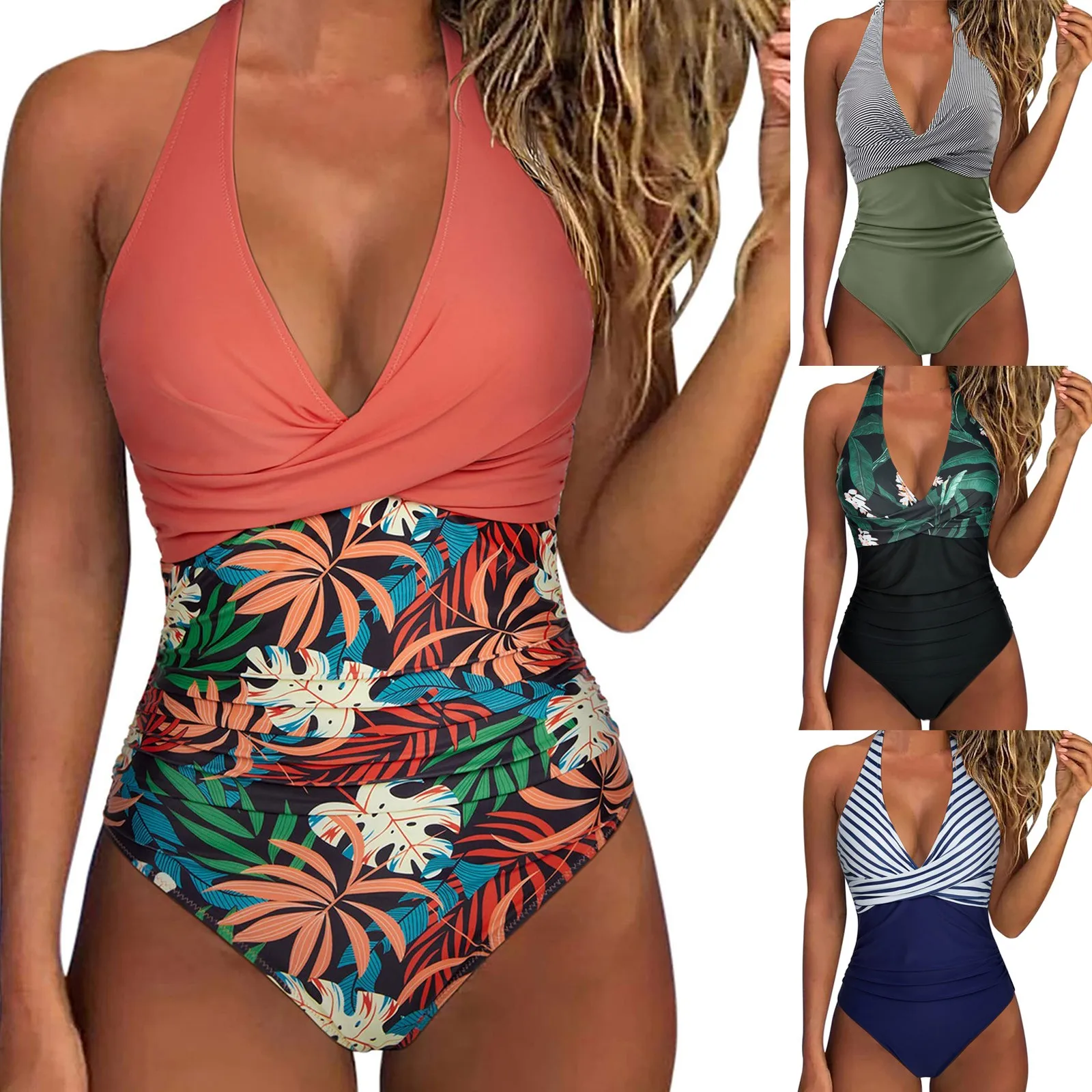 2024 Summer Women Sexy Swimsuits Halter Push Up Bathing Suits Fashion Hawaiian Floral print Splicing One Piece Bikinis Beachwear