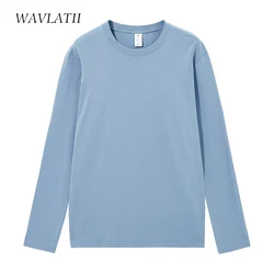 Wavlatii Frauen Baumwolle Langarm T-Shirts weiblich hellblau lässig soild Basic T-Shirts Dame schwarz Frühling Herbst Tops wlt2301