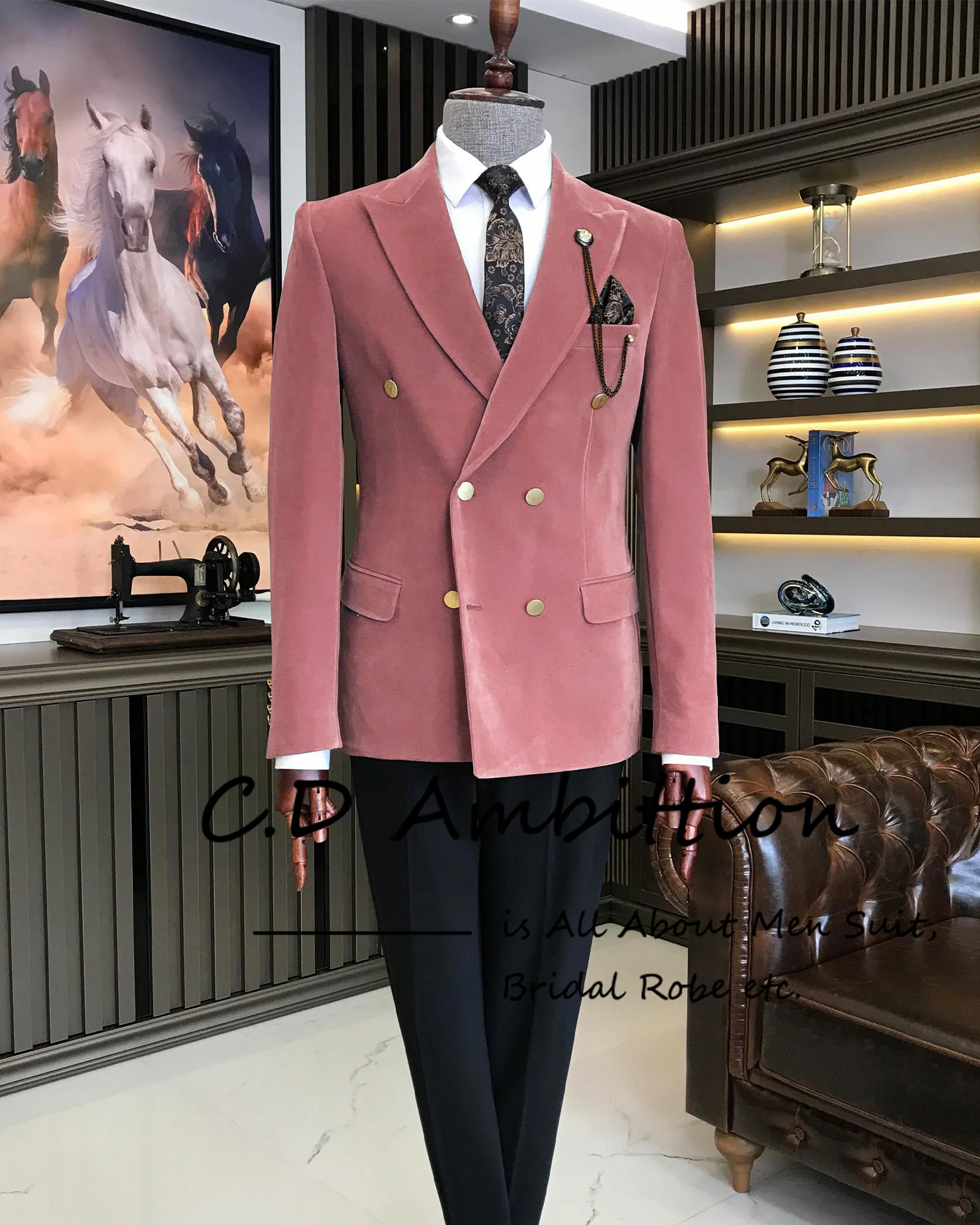 Costume Homme Pink Velvet Men Suit for Wedding 2023 Slim Fit 2 Piece Golden Double Breasted Ropa Hombre Luxury Suit Male Custom