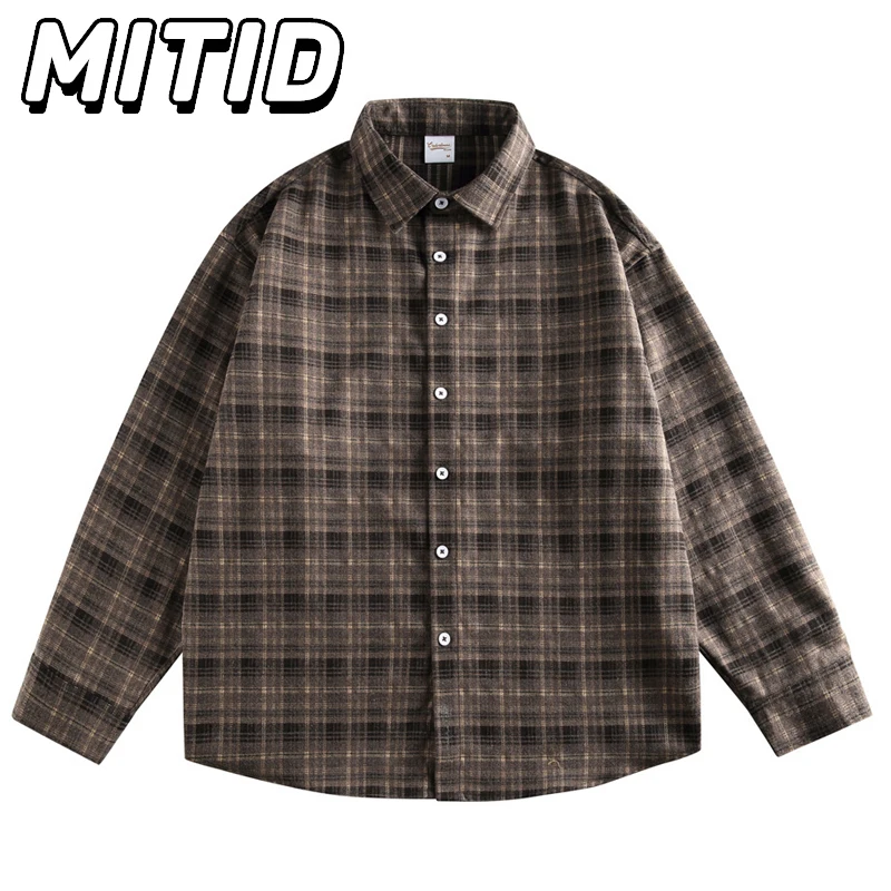 

Модные мужские рубашки, японская уличная одежда, полосатые клетчатые топы, рубашки, весенние повседневные рубашки для пар с отложным воротником и длинными рукавами, мужские рубашки