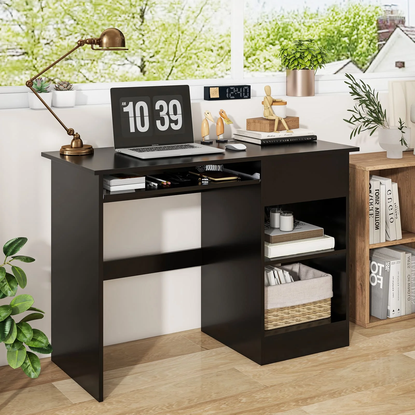 Gflame-مكتب خشبي أسود مع درج ، درج لوحة مفاتيح قابل للسحب ، مكتب كمبيوتر #3