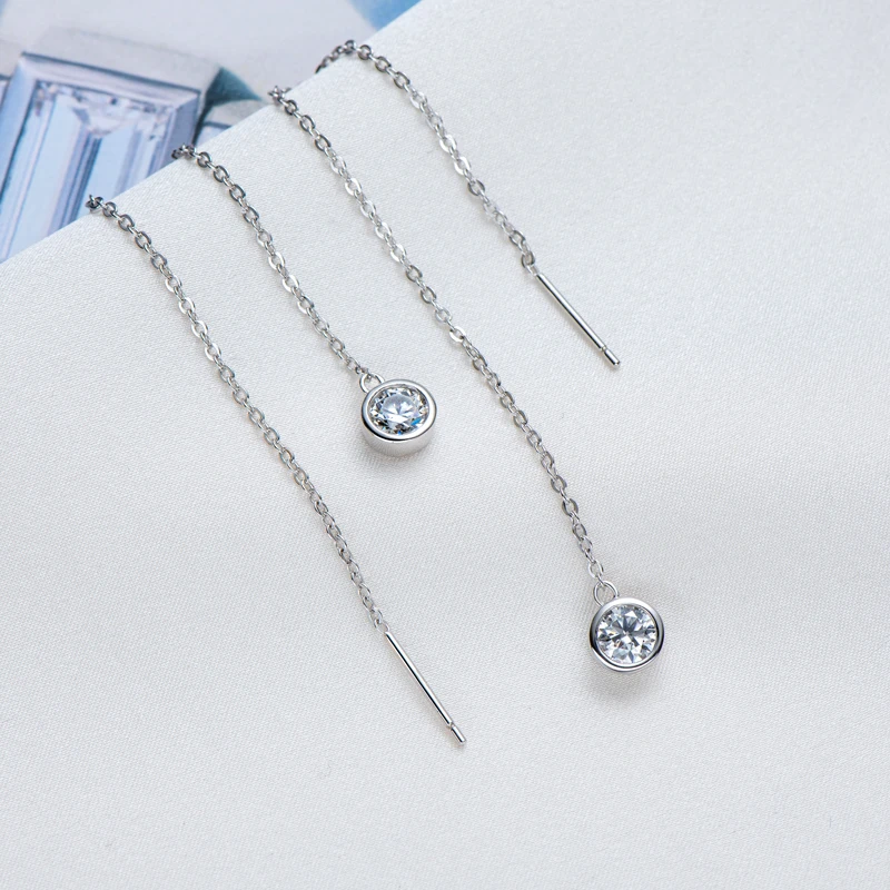 Anziw 925 Sterling Silver Ear Line Earrings Round Cut Moissanite 5mm (0.5ct) Pendant Dangle Tassel Earrings Threader for Women