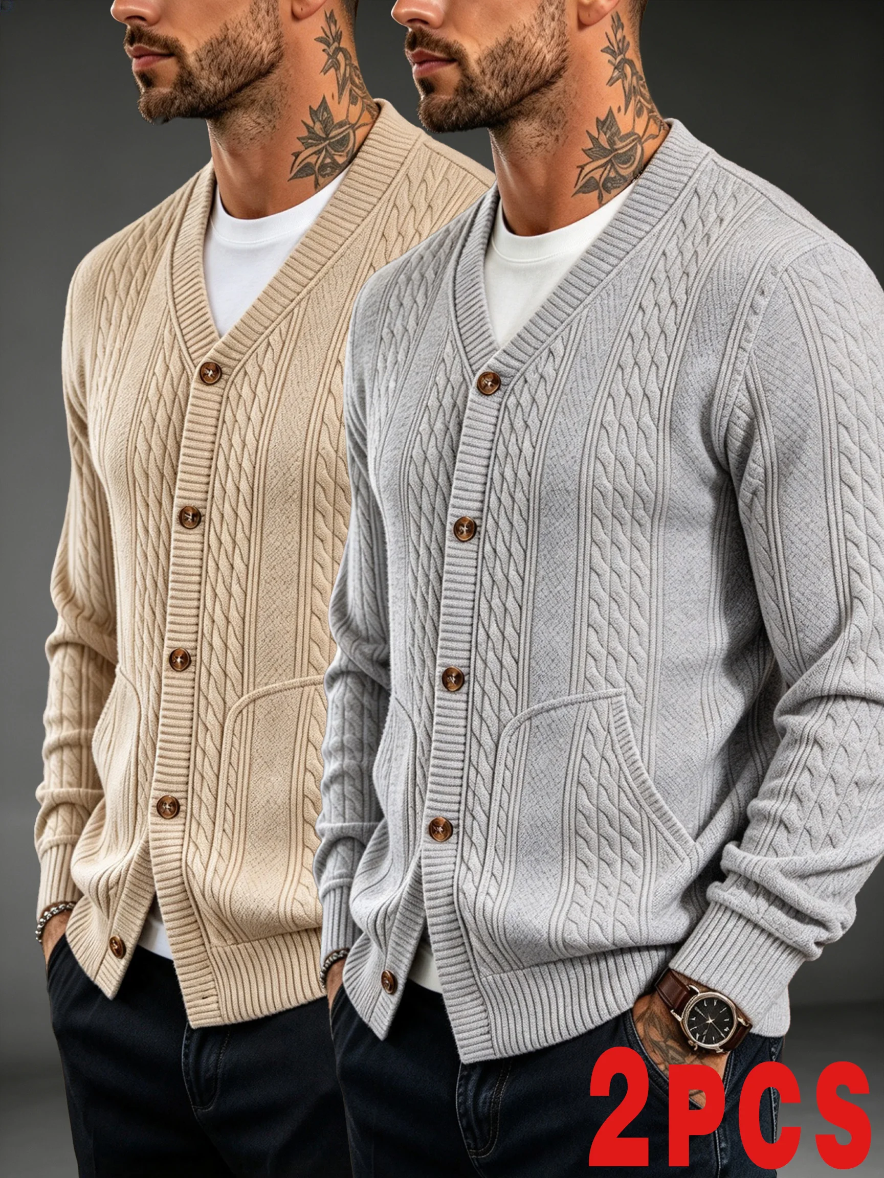 2Pcs Men's V-Neck Cable Knit Cardigan, Button Front Sweater Coat With Pockets, Casual Long Sleeve Outerwear for Fall Winter,Gift