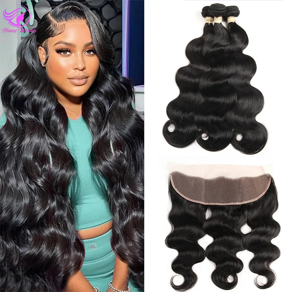 Body Wave 3 Bundles with HD Lace 100% Unprocessed Body Wave Human Hair Weave Bundles with Closure Natural Color