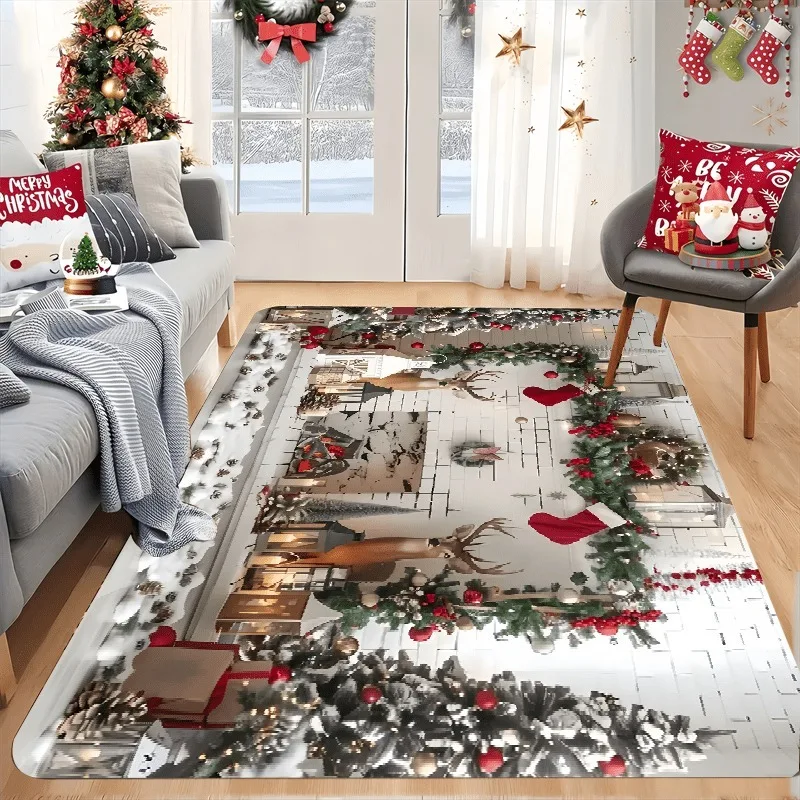 Blue Christmas Bauble Pinecone Area Rug Snowflake Glitter Print Large Floor Carpet Xmas Winter Living Room Bedroom Home Decor
