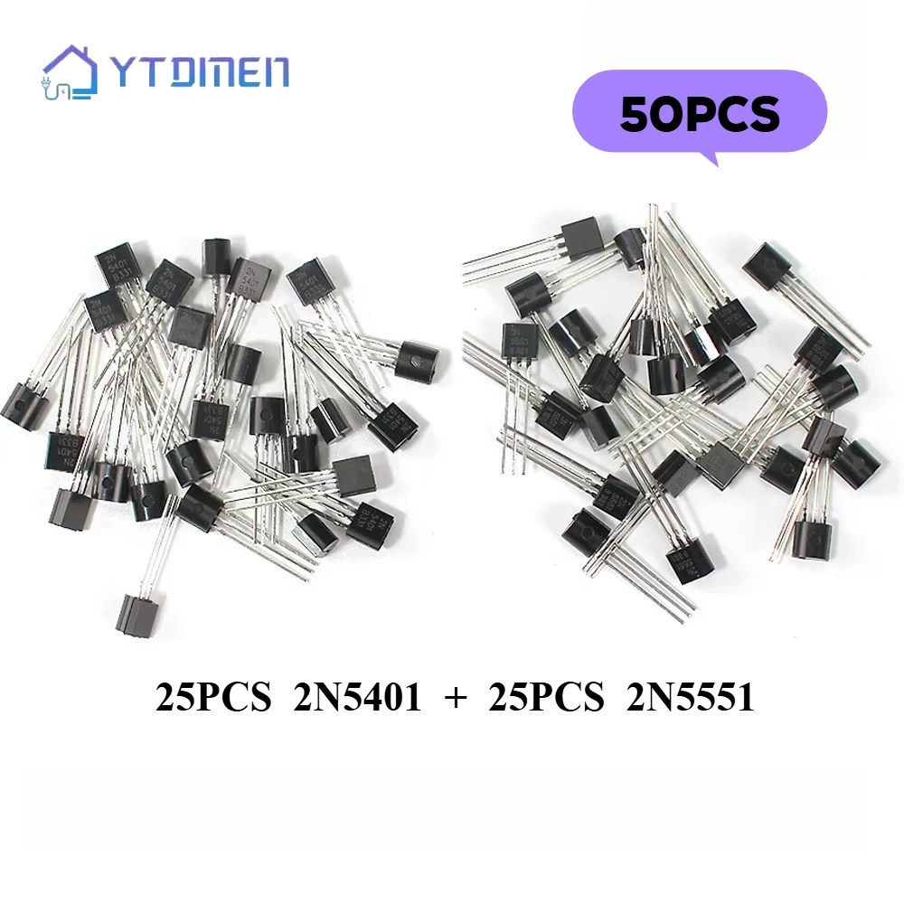 50PCS Transistor Kit 2N5401+2N5551 (25pcs Each ) Transistor TO-92 NPN Triode Transistors Electronic Components Transistors