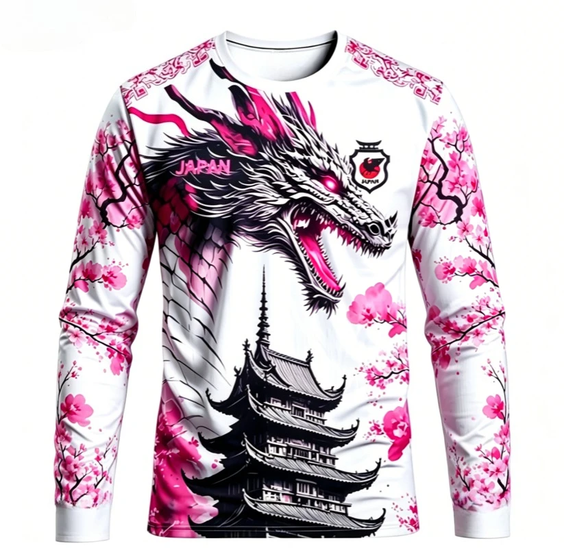 T-shirt japonais à col rond pour hommes, décontracté, motif imprimé en 3D, séchage rapide, respirant, haut de sport à manches longues, tendance japonaise