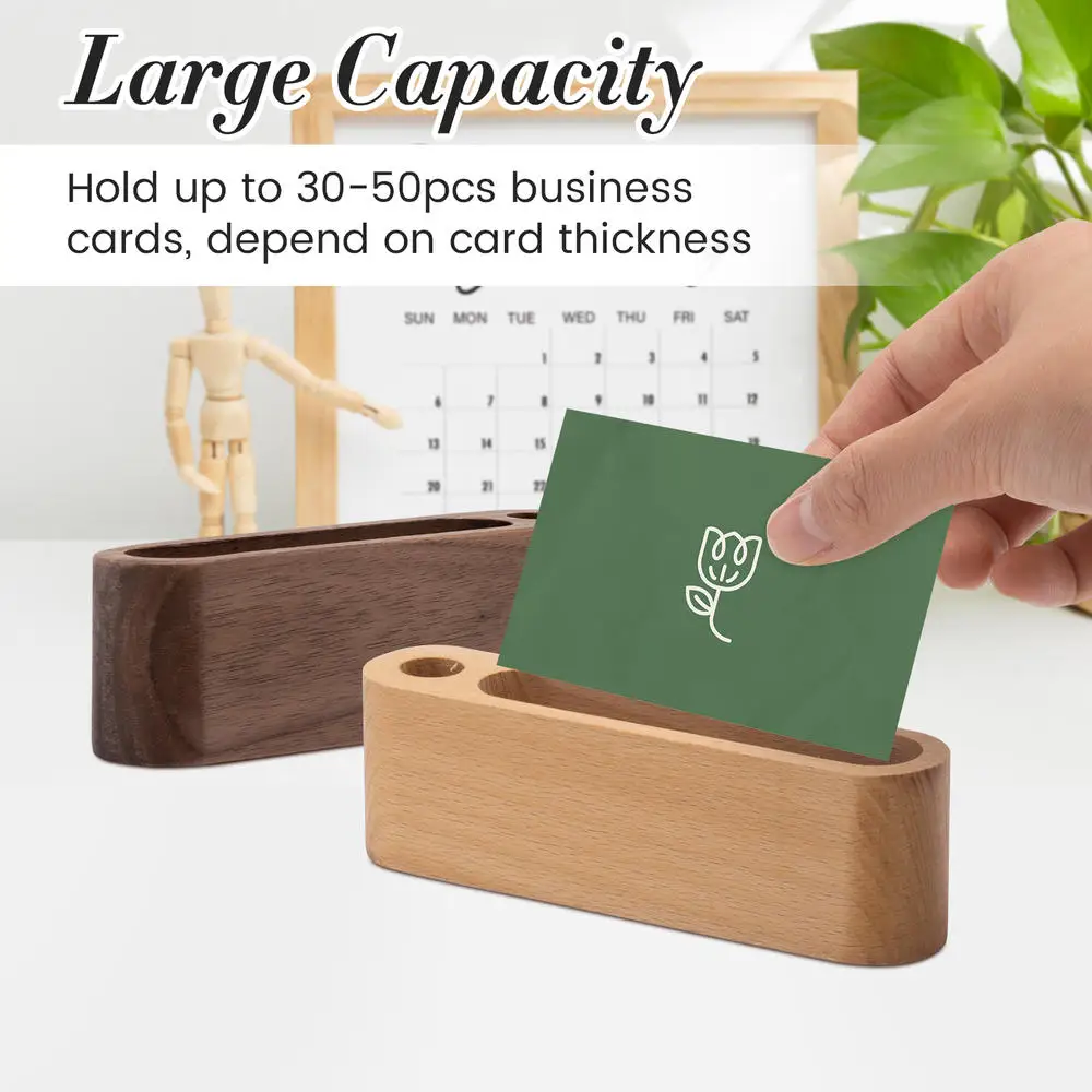 New Wood Business Card Holder with Pen Slot for Desk Wooden Display Business Memo Pad Cards Stand Box for Office Tabletop