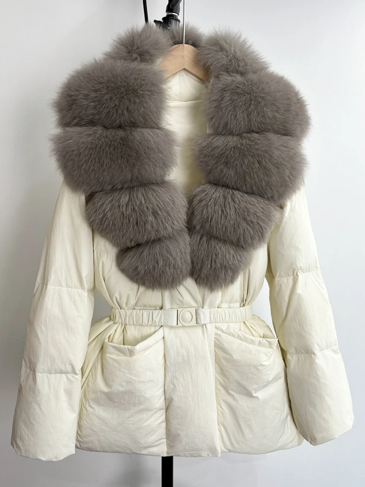 Lagabogy 2025 Large Real Fox Fur Winter Belt Waist-Tight Elegant Warm 90% White Duck Down Jacket Female V-neck Loose Puffer Coat