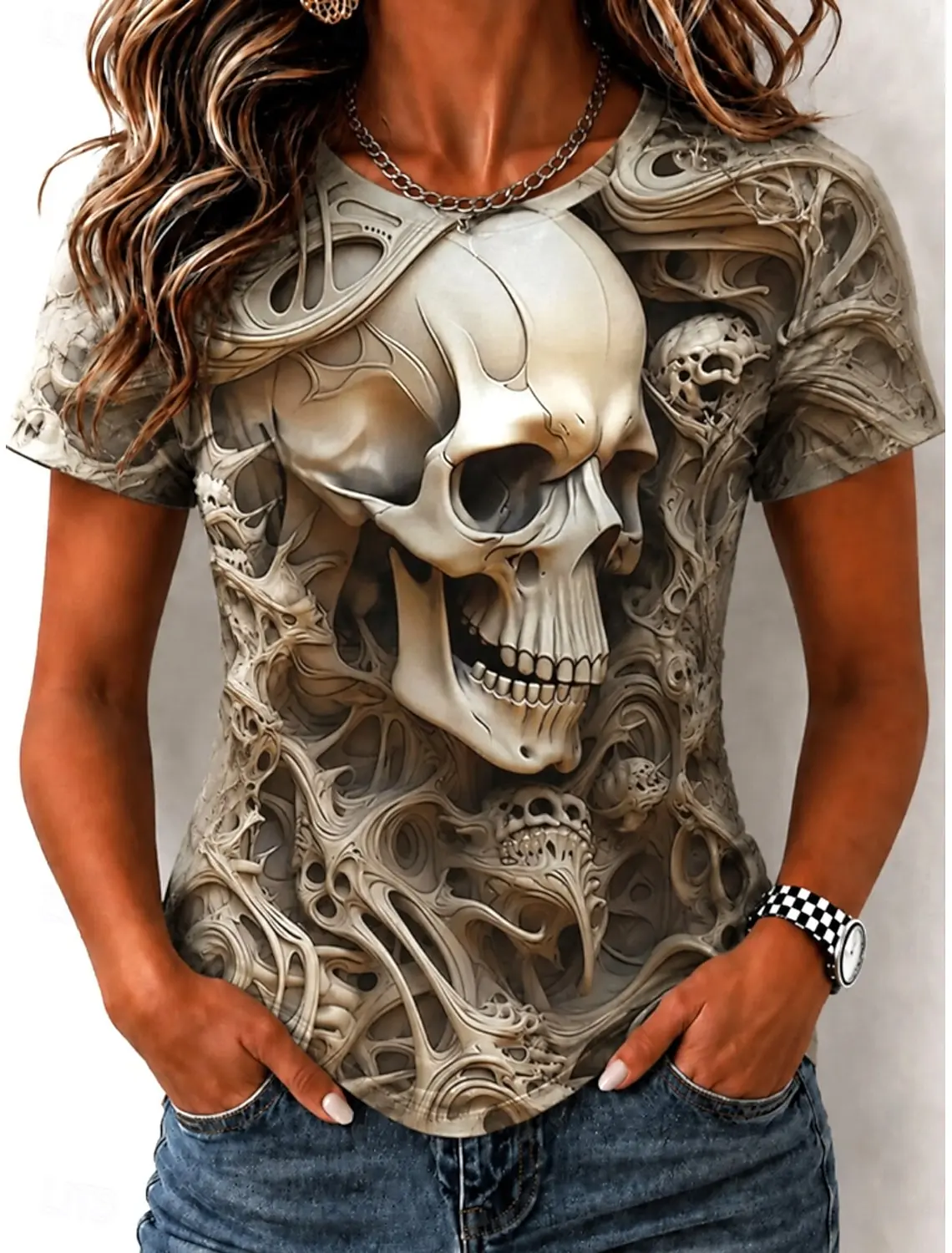 Women's Spring Summer 3D Printed Crew Neck T Shirt, 3D Twisted Vine Skull Dark Gothic Street Fashion Graphic Top