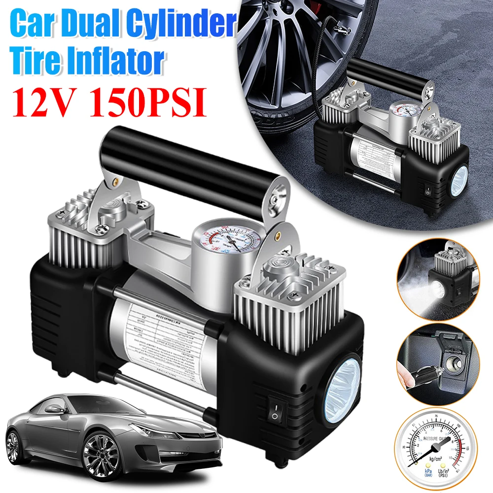 Портативный сверхмощный насос для накачивания шин, двухцилиндровый насос для шин, воздушные насосы 150PSI, воздушный компрессор постоянного тока 12 В для пикапов, транспортных средств, внедорожников, автомобилей