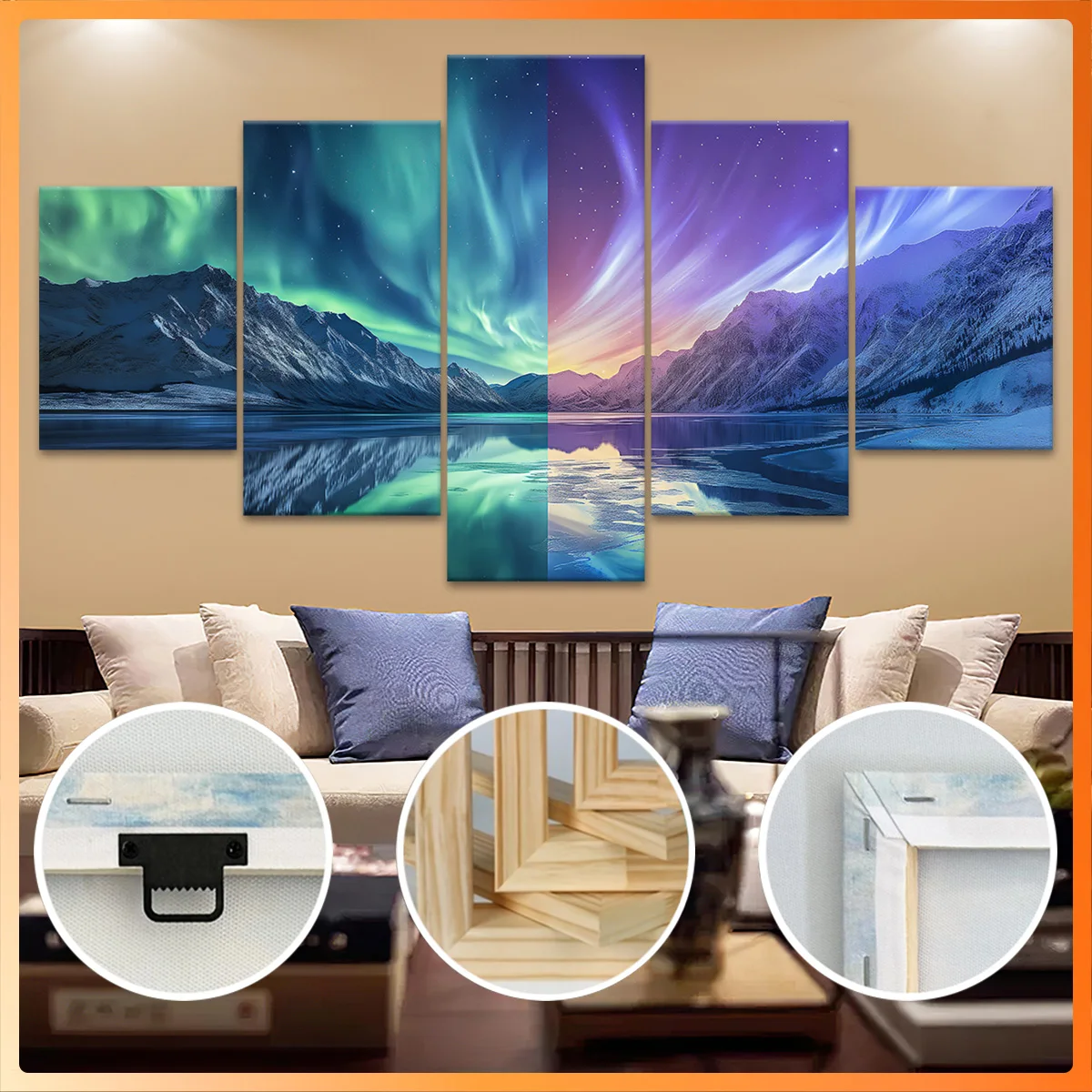 

5pcs Wooden Framed Canvas, Dual-Tone Aurora Landscape Split, Fashion Poster, Art for Home Decoration, Pattern Wall Art