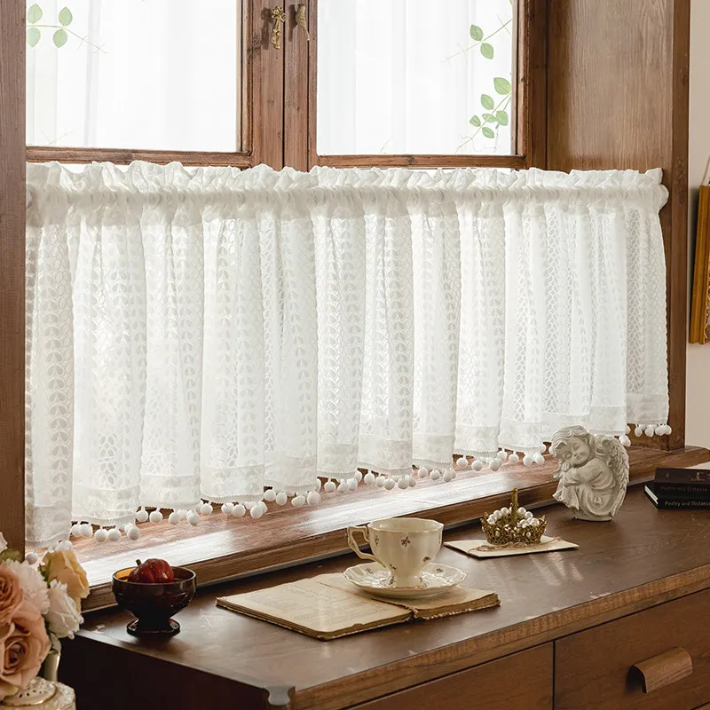 French Style Gauze White Curtains Transparent Breathable Window Half Curtain Living Room Partition Decoration with Fluffy Ball