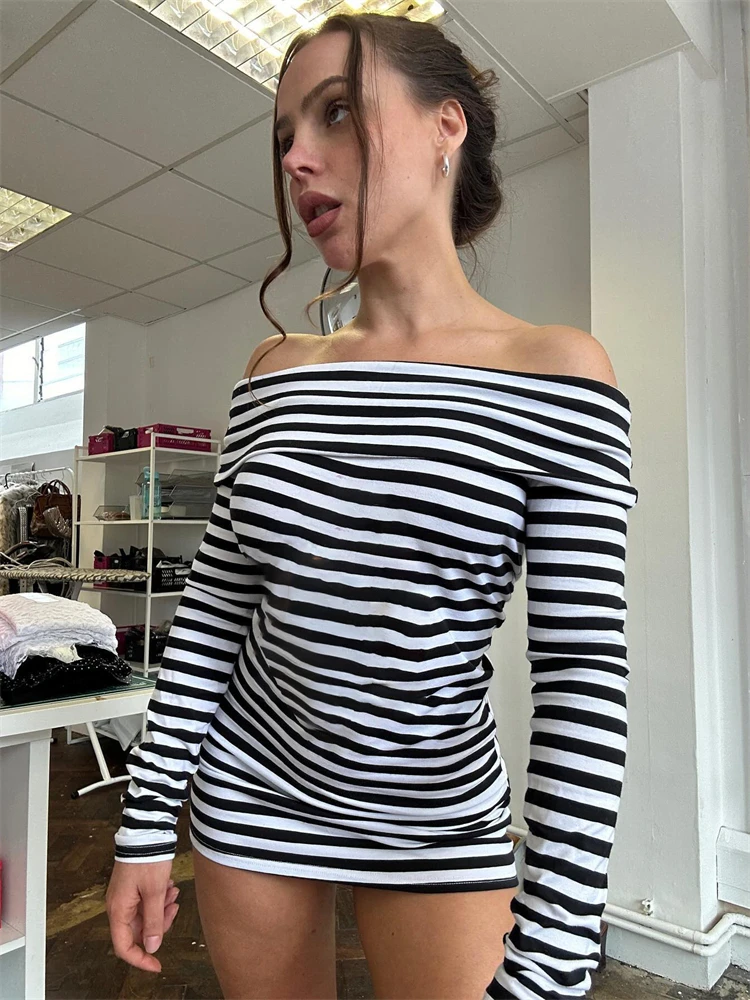 

Absobe Striped Long Sleeve Mini Dress Women Off Shoulder Black And White Color Contrasting Slim Short Dress Hottie Steetwear