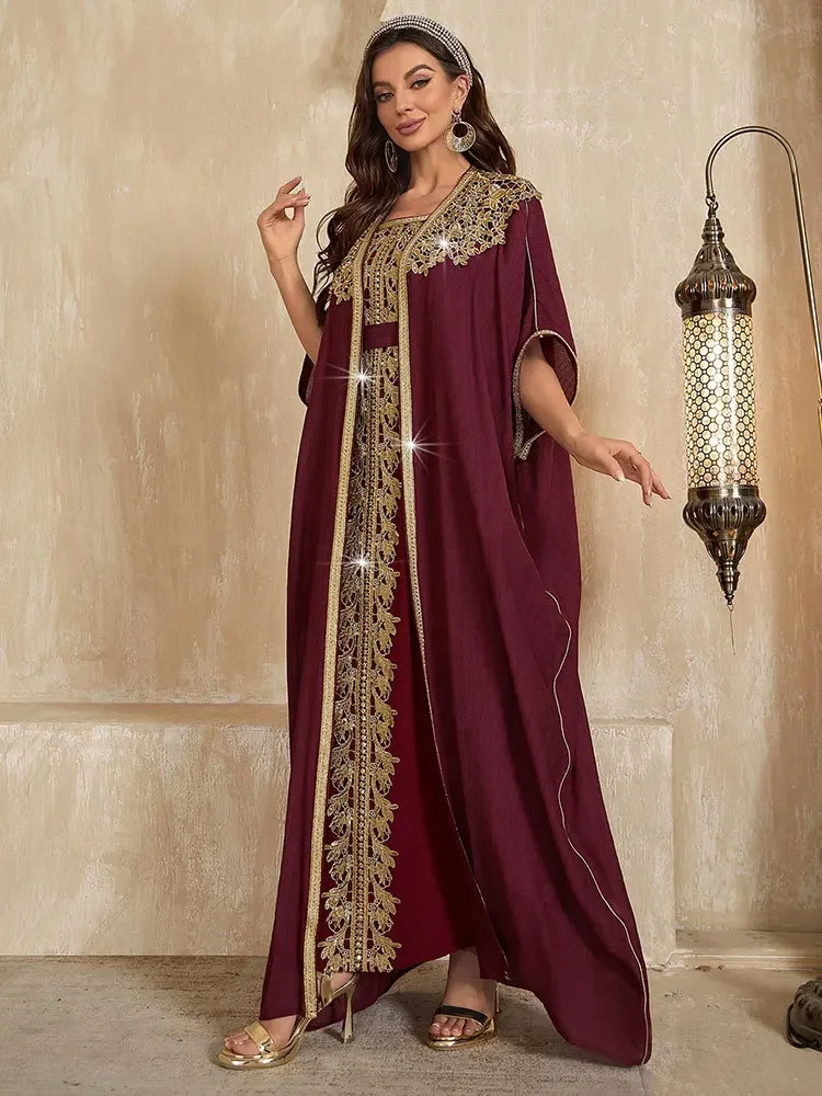 Eid conjunto de 2 peças com vestido interno festa abaya feminino ramadan cardigan vestido longo ternos kaftan vestidos largos robe muçulmano jalabiya