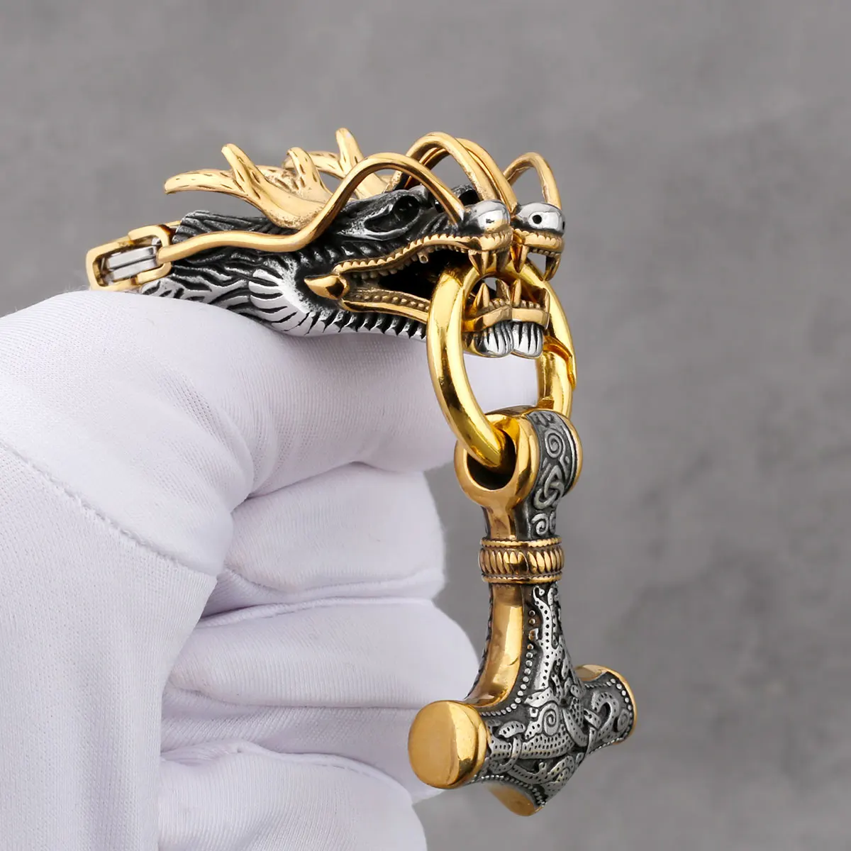 Men\'s Stainless Steel Viking Thor\'s Hammer Pendant Dragon Head Square Necklace Hip Hop Biker Fashion Jewelry Gift Wholesale