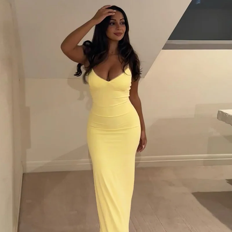 Letnia sukienka INS Fashion damska Slim Fit długie sukienki sukienka bez rękawów dekolt w serek żółta koszula imprezowa eleganckie estetyczne ubrania Y2k
