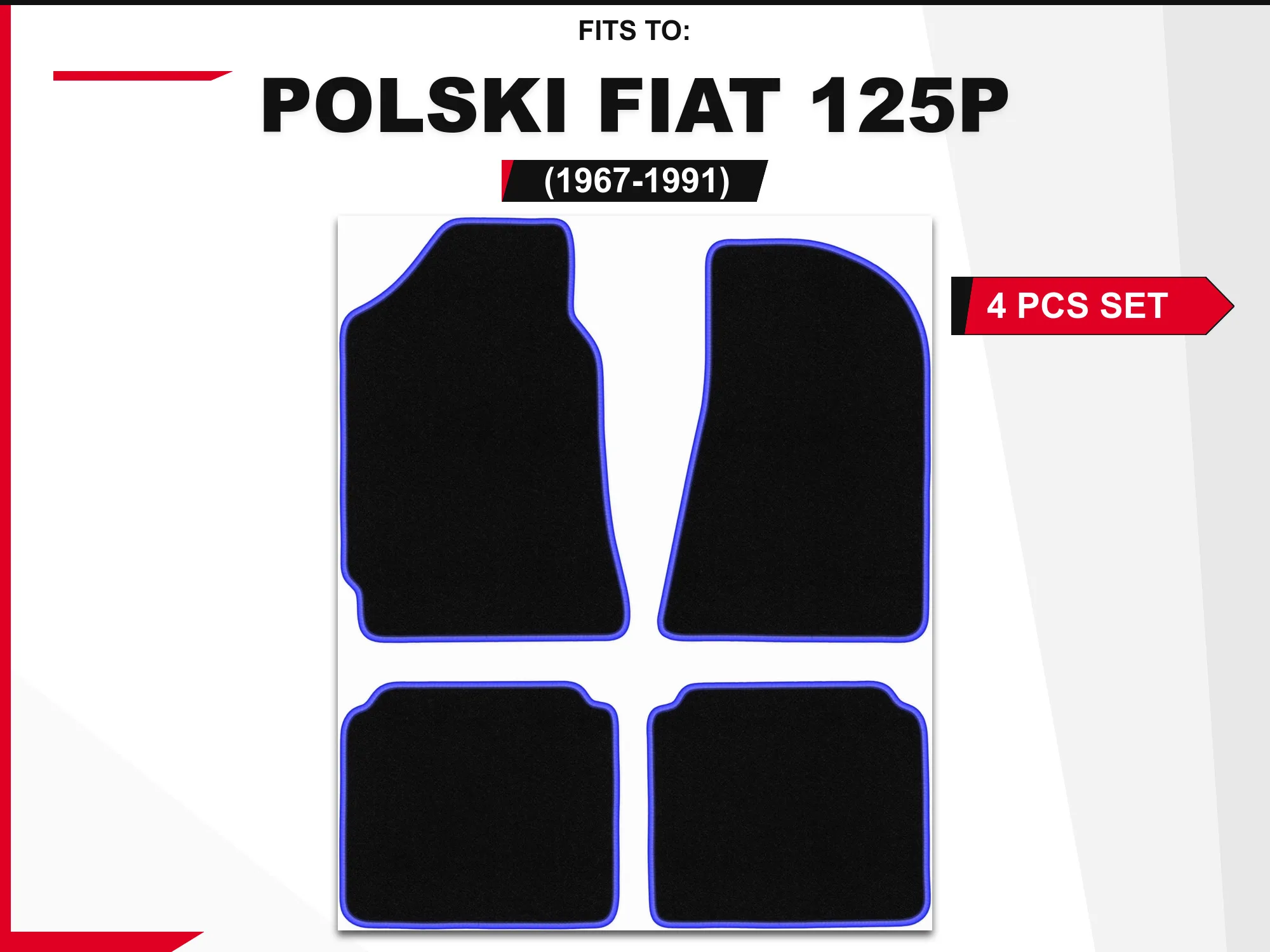 Velourstapijten voor: Poolse Fiat 125P 1967-1991 sedan zwart en blauw bijpassende autovloerbedekkingset
