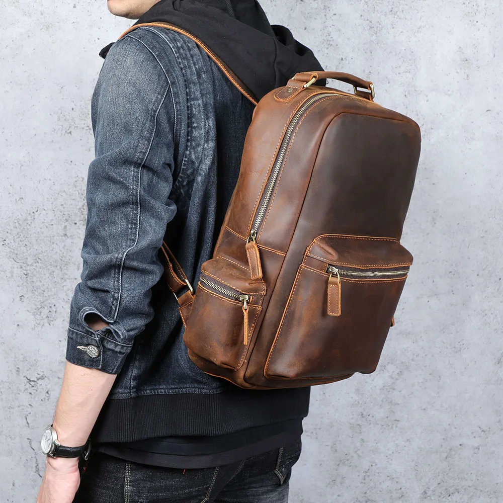 S.WORKER Vintage Echtleder-Rucksack für Herren, Große Laptop-Schultertasche aus Rindsleder, Klassische Vintage Crazy Horse Schultasche für Reisen – Detail 4