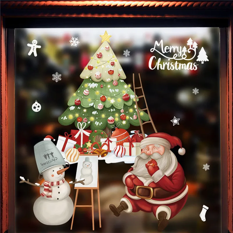 Christmas Electrostatic Sticker Window Sticker Decal Cartoon Santa Claus Snowman Snowflake Refrige Wall Stickers Xmas Decoration