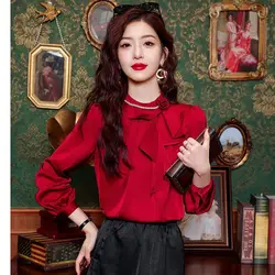 2024 Early Spring Retro Socialite Satin Shirt for Women French Western Style Ruffle Edge Temperament Versatile Long Sleeve Top