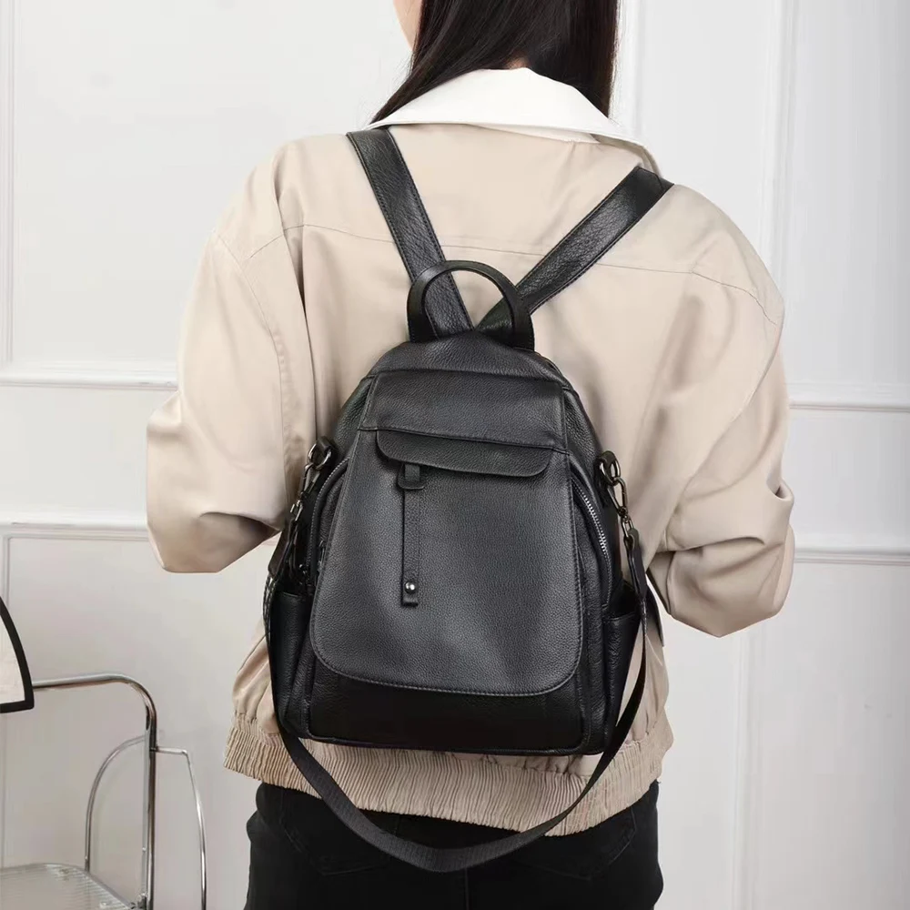 

New Genuine Leather Women's Fashion Backpack High Quality School Travel Shoulder Bags Satchel Rucksack Multifunctional Pockets