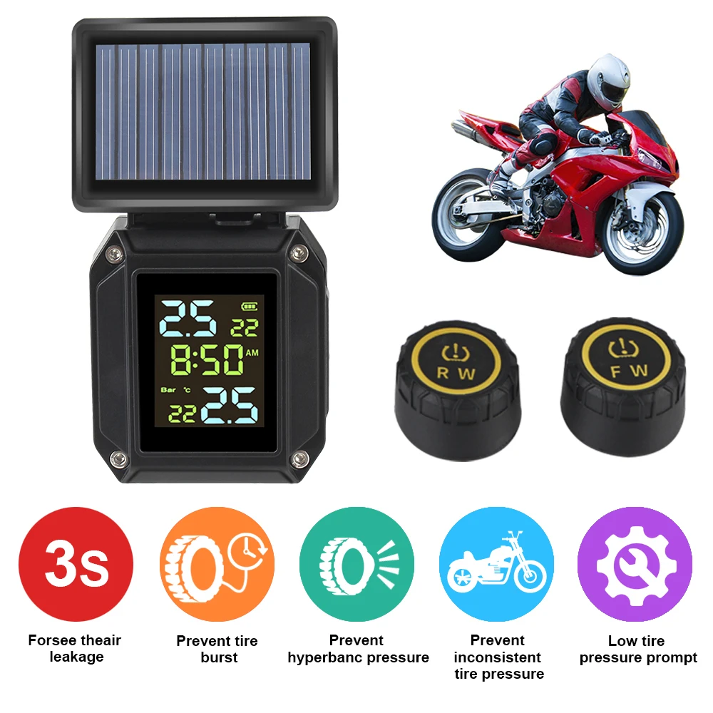 Solor USB Charge Motorcycle TPMS Tire Pressure Monitoring System 2 External Sensors Tyre Temperature Alarm LCD Display