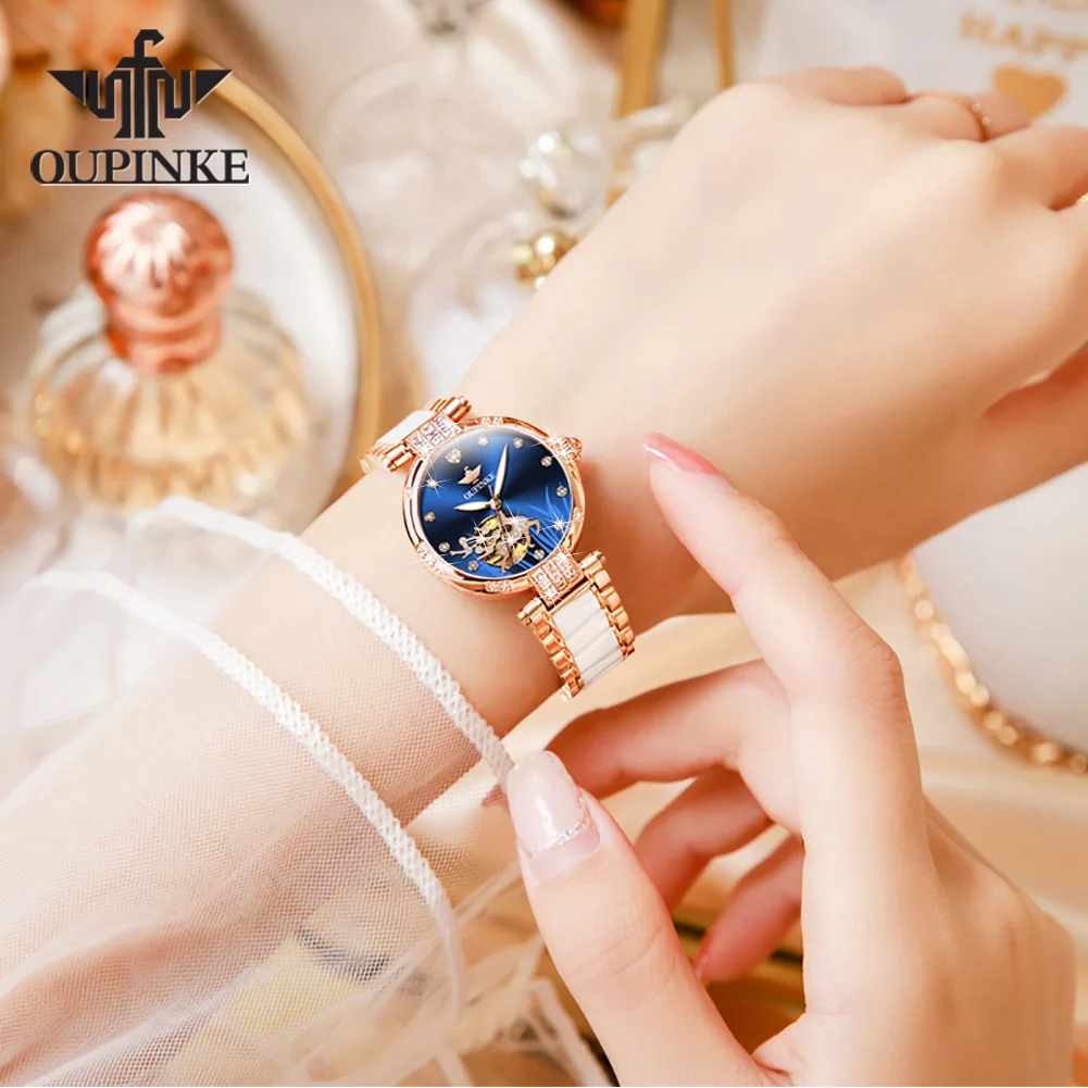 OPK 3211 Luxury Skeletor Blue Womens Watches Automatic Mechanical Wrist Watch For Women Ceramic Strap Waterproof