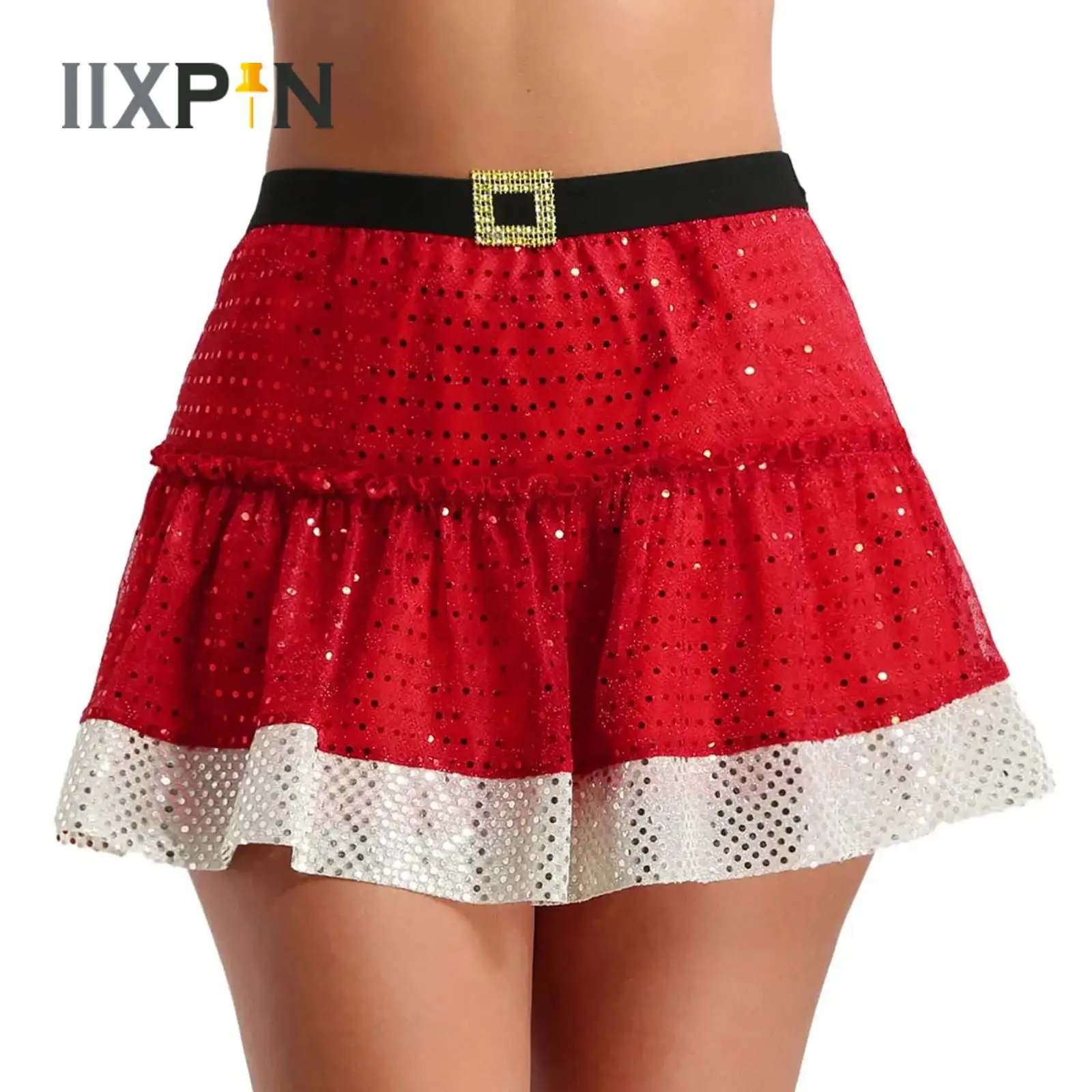 Womens Girls Shiny Sequins Mini Skirt Red Elastic Waistband Short Skirt Christmas Dance Costume Fancy Club Party Skirt Hot 2023