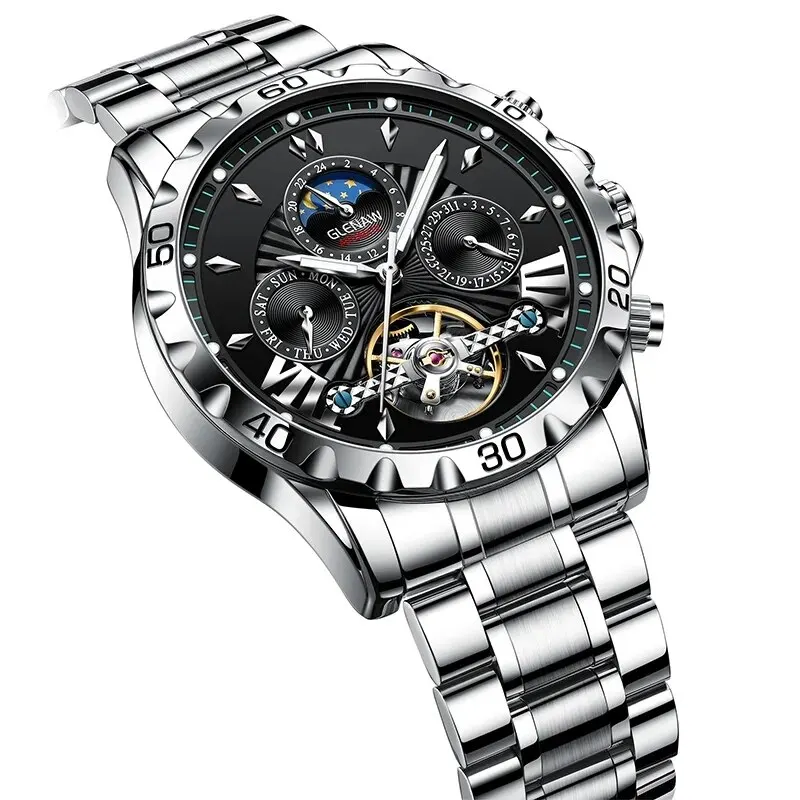 GLENAW ساعة مرحلة القمر للرجال من الفولاذ المقاوم للصدأ ، ساعات من أفضل العلامات التجارية ، فاخرة