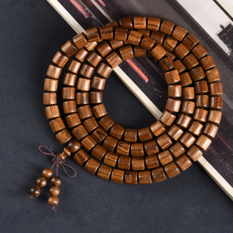 Black rosewood barrel bead bracelet, 108 , Buddhist prayer , unisex, unique shaped beads, wooden string