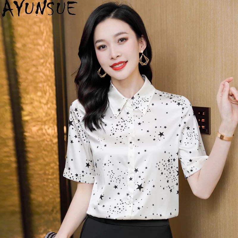 

AYUNSUE Женские блузки из 89,2% шелка, стильные топы с короткими рукавами и принтом для женщин, повседневная летняя рубашка, женская одежда, рубашка женская