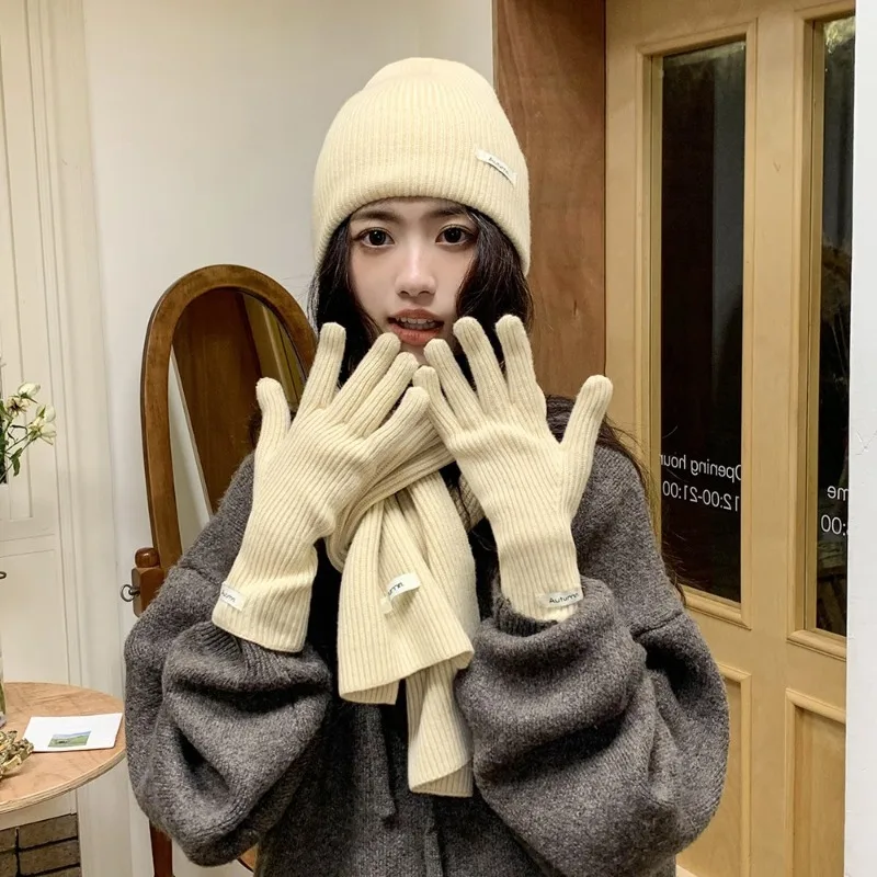 3pcs Set Solid Color Knitted Faux Cashmere Winter Warm Scarf Hat Gloves Soft Cozy Cold Weather Accessories One Size Fits Most