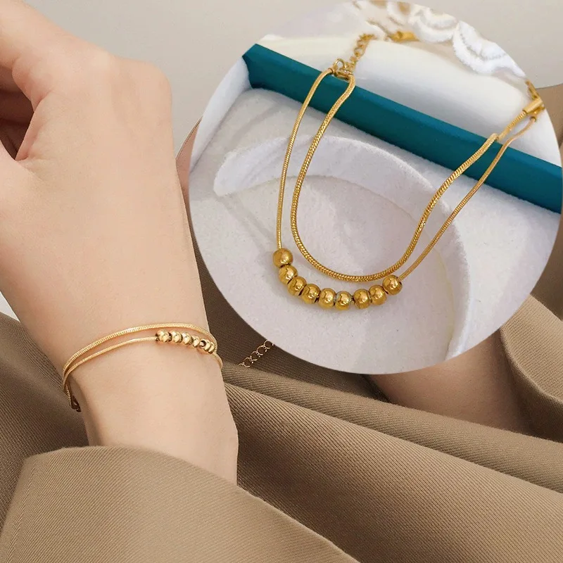 New Gold Color Stainless Steel Double Layer Asymmetry Good Luck Bead Bracelet for Women Girls Jewelry Accessories Gift Colorfast