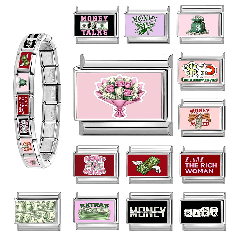Fashion Letters Money Talks I Am The Rich Woman Italian Charm Links Fit 9mm Stainless Steel Bracelet DIY Making Jewelry Gifts