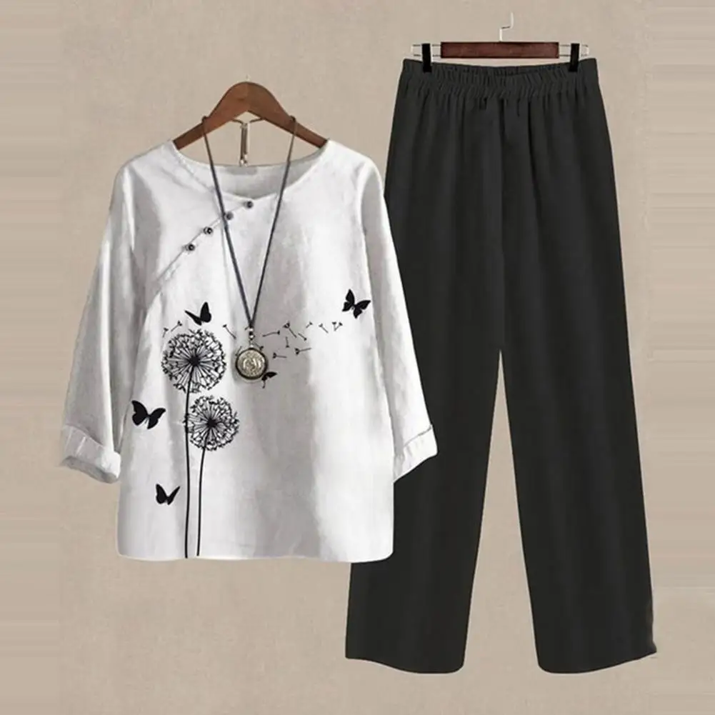 ชุดสูทกางเกงสองชิ้นสำหรับผู้หญิงวัยกลางคนและสูงอายุกางเกงขากว้างเสื้อยืดท็อปแบบตัวสั้นแขนสั้นสำหรับฤดูร้อน