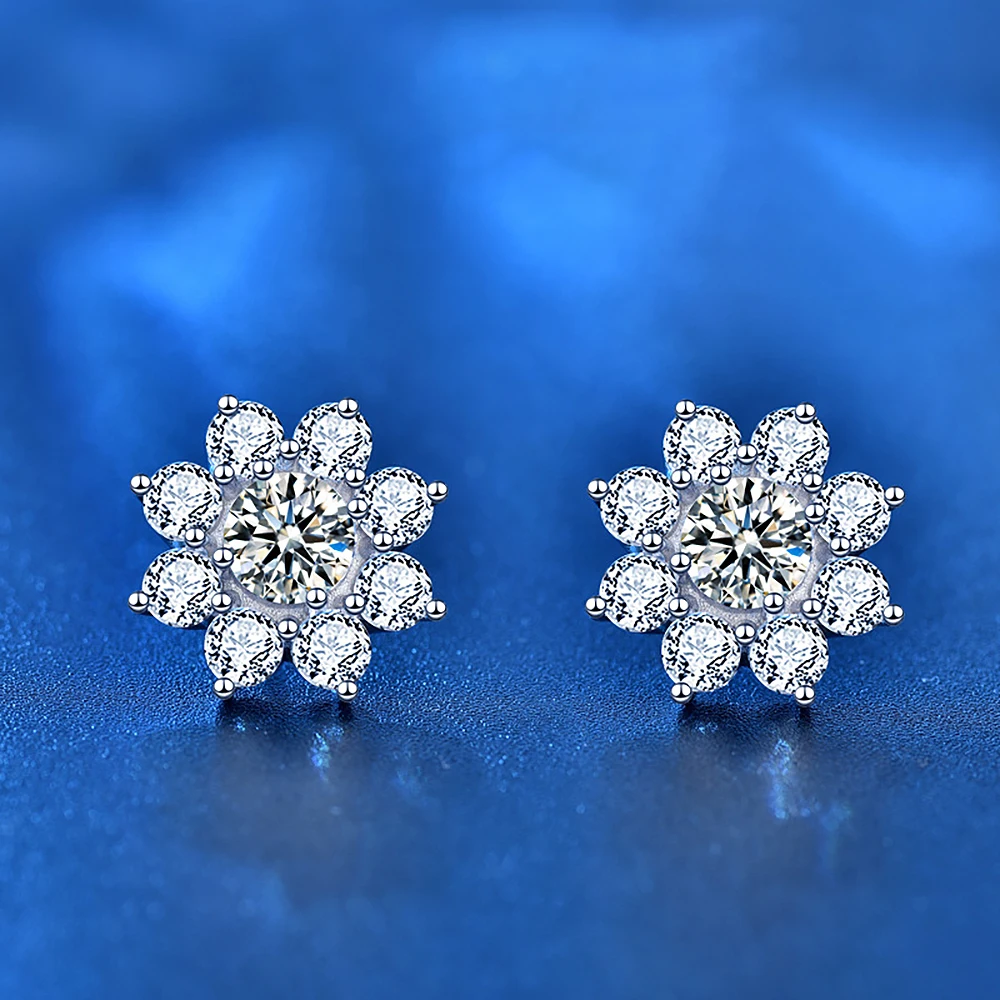 925 Sterling Silver Sunflower Stud Earrings For Women Round Excellent Cut D Color Pass Diamond Test Sparkling Moissanite Jewelry