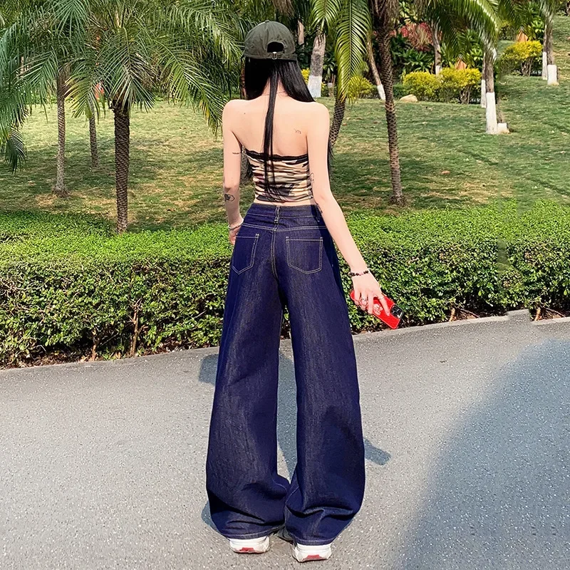 

Front Open Bag Pleated Design Wide-leg Jeans. 2025 Ladies Four Seasons New American Retro Loose Floor-length High Waist Jeans