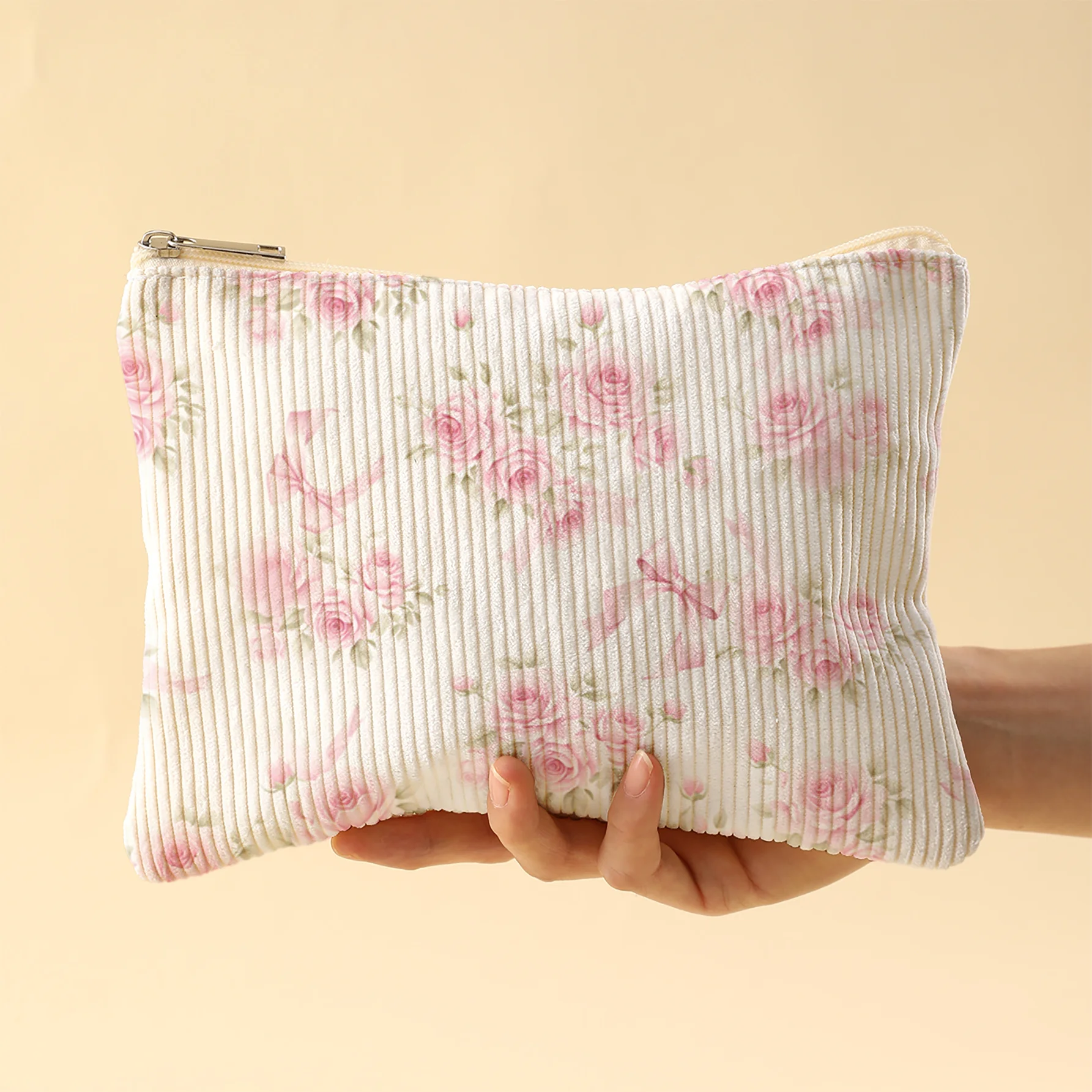Korean Style Corduroy Cosmetic Bag Pink Roses and Pink Bow Ribbon Print Zipper Pouch Portable Travel Makeup Storage Organizer