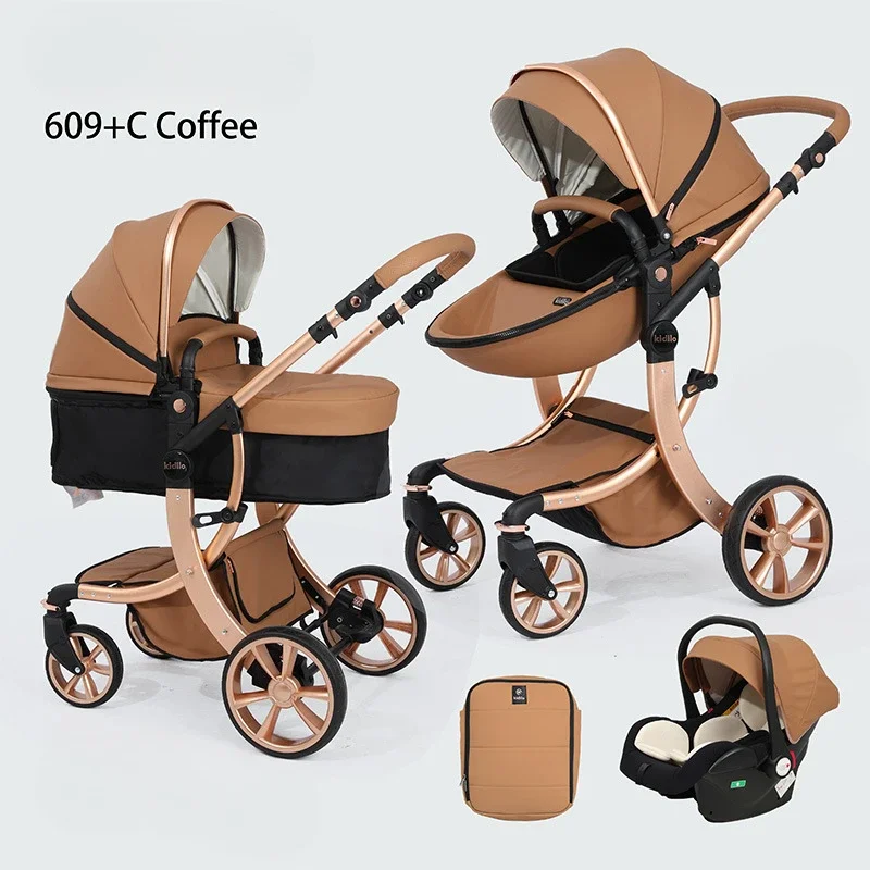 3 in 1 Baby stroller, equipped with car seats, high landscape stroller for newborns, versatile functions, can be sat or lie down images - 6