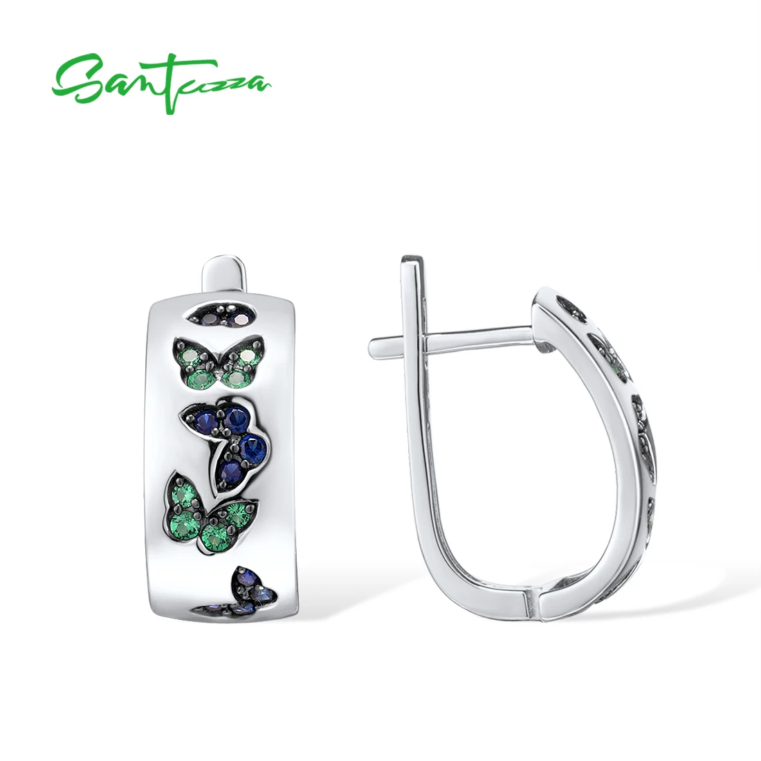 SANTUZZA Pure 925 Sterling Silver Earrings For Women Sparkling Blue&Green Spinel Lovely Butterfly Fantastic Wedding Fine Jewelry