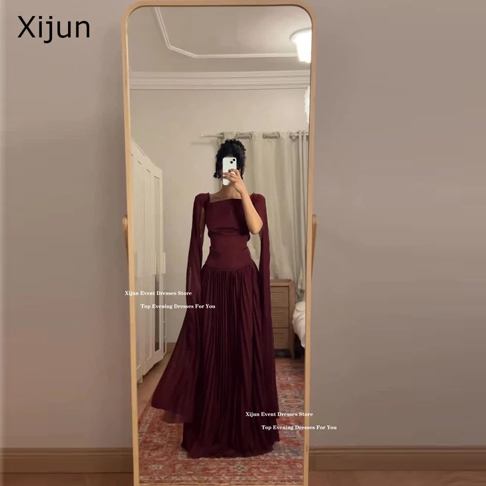 

Xijun Burgundy Chiffon Long Evening Dresses Cape Sleeves A-Line Pleated Saudi Arabia Prom Dresses Formal Prom Gowns Customized