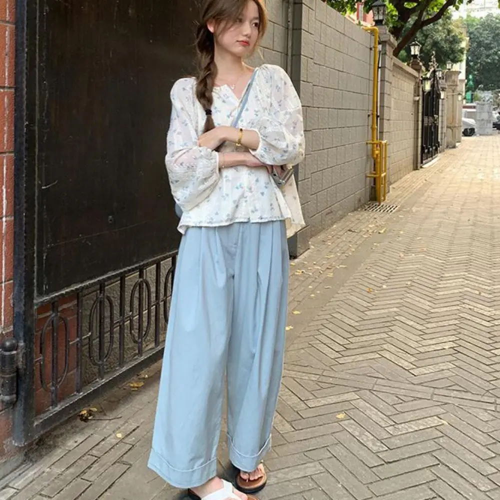 Leisure Pleated Long Sleeve Blouse Ins Loose Lace Floral Blouse Spring Autumn Sweet Flower Shirt Top Streetwear