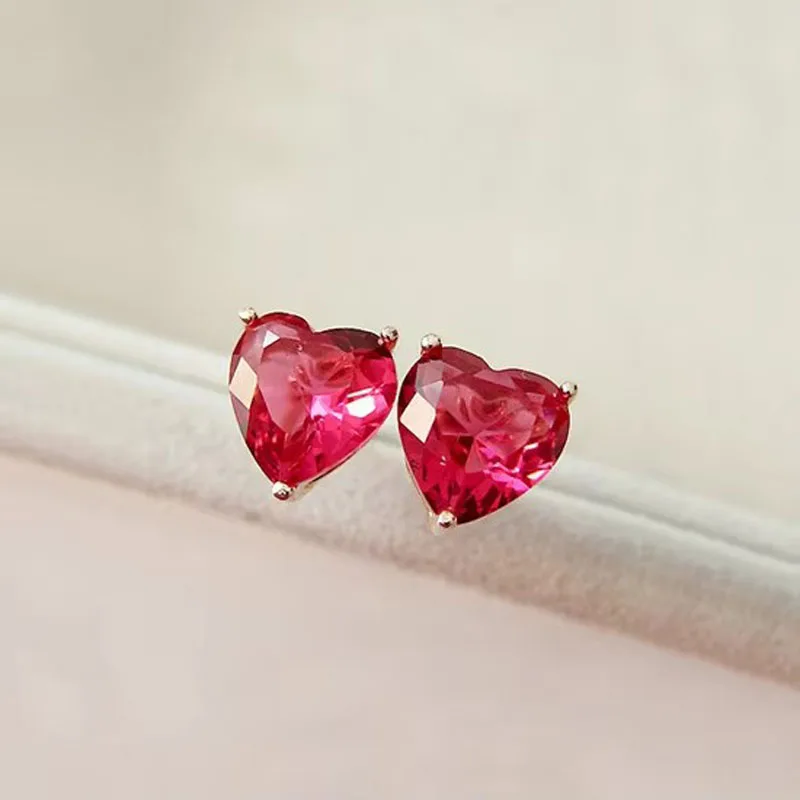 

Fashion Sweet Cute Rose Red Crystal Heart Shaped Cubic Zirconia Stud Earrings Women Jewelry